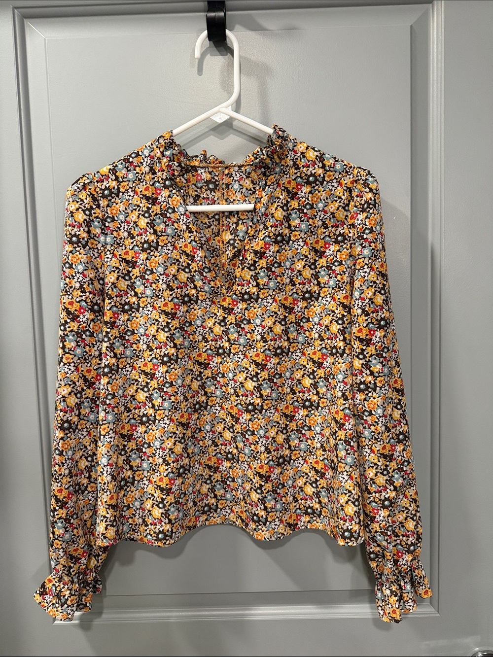 SHEIN Yellow Multi Floral V-Neck Long Sleeve Blouse